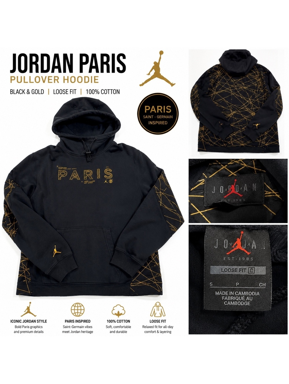 Jordan Paris Black Gold Graphic Pullover Hoodie Jumpman